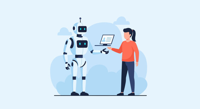A man and robot interact with a laptop outdoors in daytime