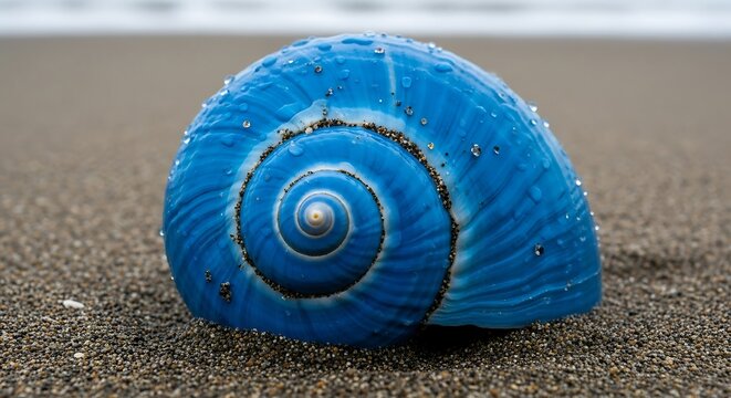 Vibrant blue seashell resting on sandy beach surface closeup