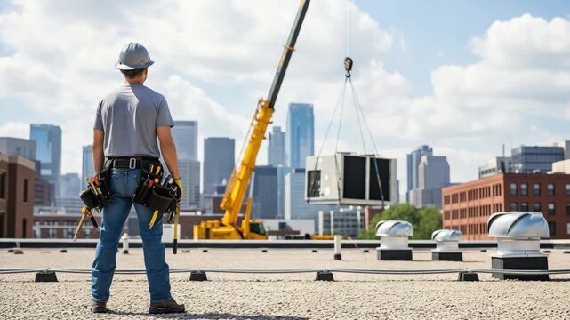 Male HVAC technician supervising crane lift of industrial air conditioning unit on urban rooftop