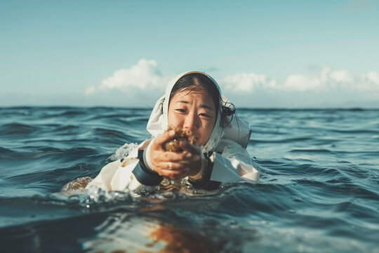 Japanese Ama Diver Woman Surfacing from Ocean Holding Caught Seafood in Traditional Suit
