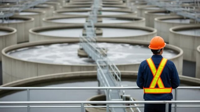 Male Water Treatment Plant Operator Monitoring Industrial Wastewater Purification Tanks