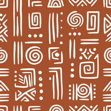 Ethnic tribal pattern with ancient symbols on a dark brown background vector illustration.
