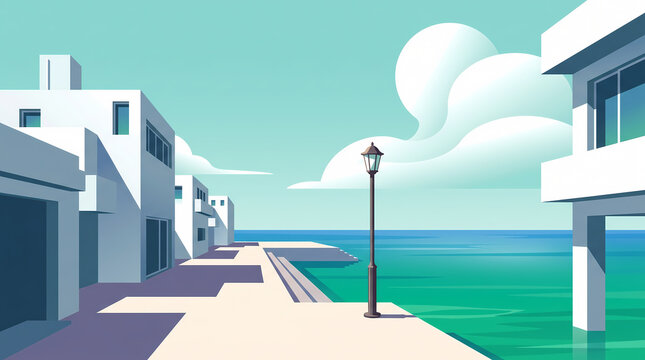 Minimalist summer coastal town illustration with modern white buildings, retro streetlamp, and emerald ocean in city pop style