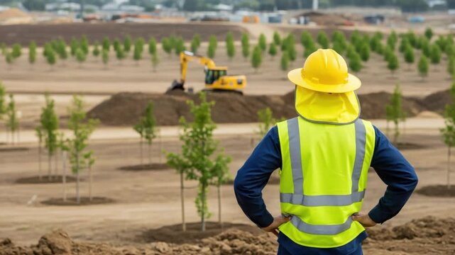 Male site manager supervising green infrastructure and tree planting at construction site
