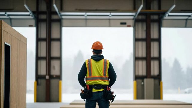 Male construction worker in safety gear inspecting winter warehouse facility