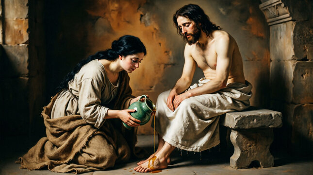 A sinful woman anoints Jesus with oil, weeping tears of sacred redemption.