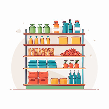 Illustration of a well-stocked pantry shelf with various food items