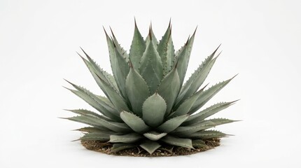 Fototapeta premium Blue agave plant with sharp pointed leaves, desert succulent on white background, symmetrical agave tequilana for botanical design and landscaping