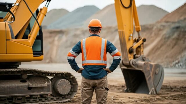 Male Mining Engineer Overseeing Open Pit Quarry Site with Excavators