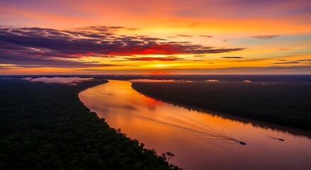 Fototapeta premium Vibrant sunset illuminates a winding river with lush forested banks landscape