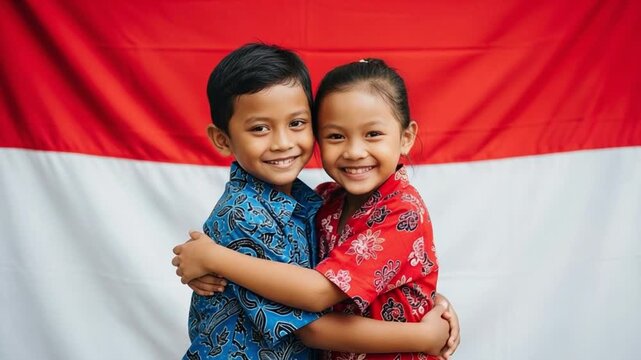 Young Indonesian Boy and Girl Wearing Batik Shirts Hugging in Front of National Flag