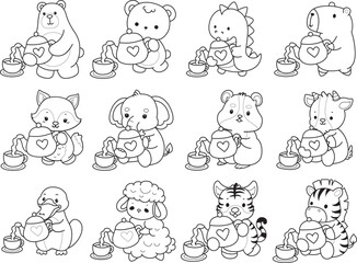 Fototapeta premium Coloring pages of cute wild animals and pet. Outline of animals 