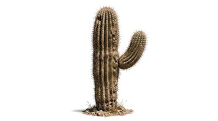 Obraz premium Saguaro cactus isolated on white background, giant desert cactus with sharp needles, iconic western succulent plant for landscape design