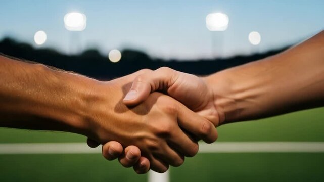 Fair Play Handshake Between Soccer Players on Green Field at Night Stadium