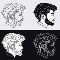 Vector side profile portrait of a handsome bearded man with a modern spiky mohawk hairstyle featuring four black and white variations © Md
