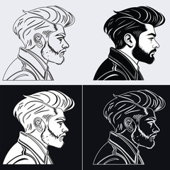 Vector side profile portrait of a bearded man wearing a leather jacket with a modern pompadour haircut, featuring four variations. © Md