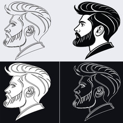 Vector side profile portrait of a handsome bearded man with a modern slicked back pompadour haircut, featuring four black and white variations. © Md