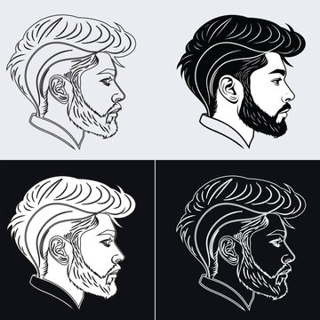 Vector side profile portrait of a handsome bearded man with a modern spiky mohawk hairstyle featuring four black and white variations