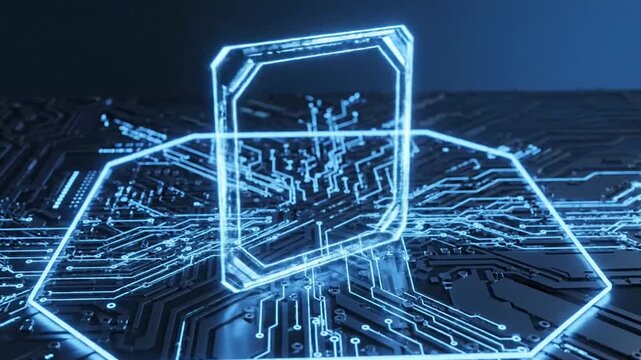Microchip CPU Futuristic central processing unit layout with bright energy flowing through circuit paths.