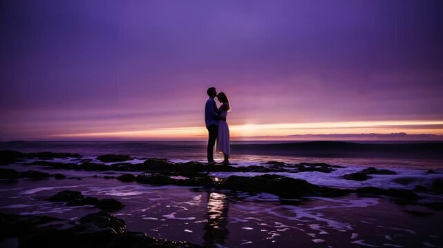 Romantic Couple Silhouette at Purple Sunset Beach, Intimate Destination Elopement Celebration