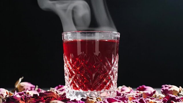 Food videography Hot steaming red herbal tea or beverage in a glass on a bed of pink rose petals.
