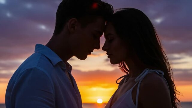 Romantic young man and woman silhouette touching foreheads at sunset beach honeymoon