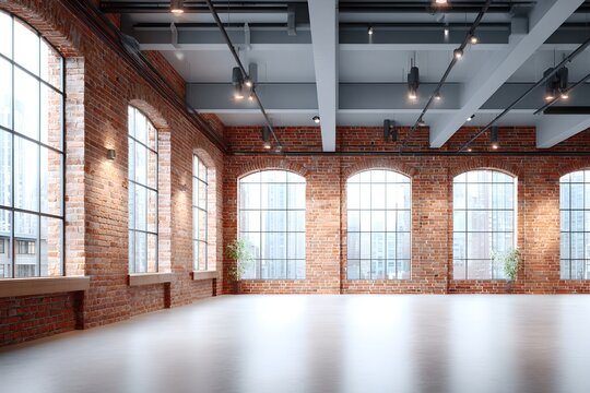 An empty loft studio with exposed brick walls, large windows, and high ceilings, ideal for events or creative projects