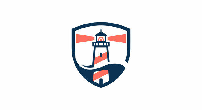 A shield logo features a lighthouse on a wavy line with orange beams.