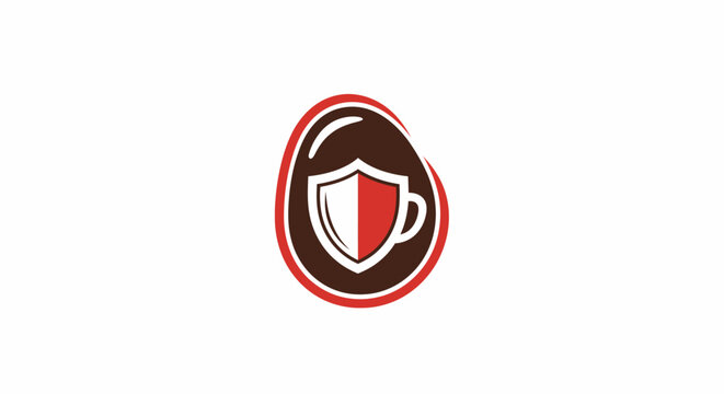 A graphic illustration of a shield with a mug inside a brown circle outlined in red.