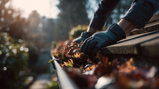 Person cleaning a roof gutter of autumn leaves