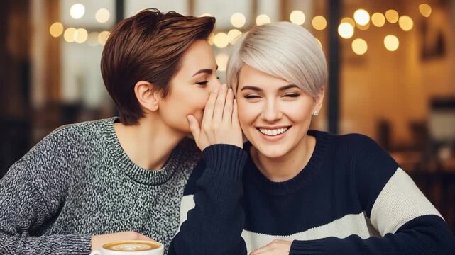 Young lesbian couple with short hair whispering secrets and smiling in a cozy cafe