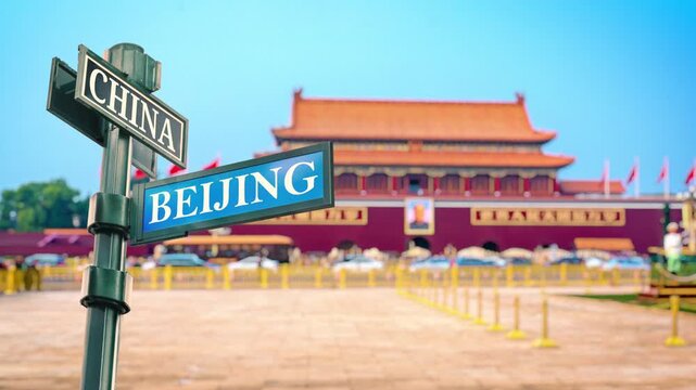 Signature China spot. Beijing. Forbidden City at Tiananmen Square. Selective focus of travel sign China and Beijing with real timelapse rendered from raw photos. Iconic landmark tourist spot.