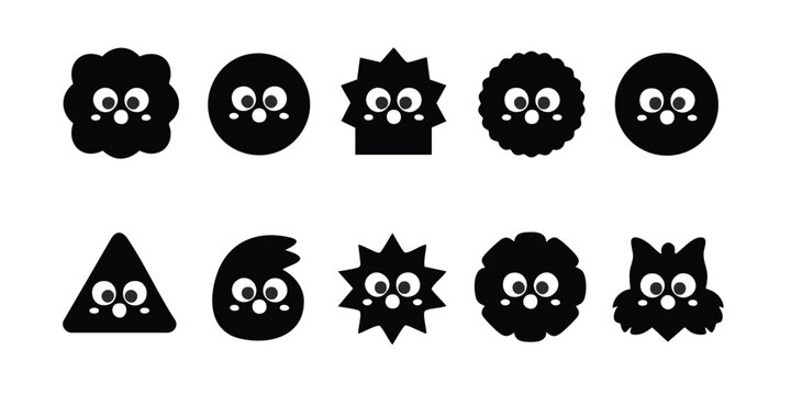Cute Geometric Monster Faces Silhouettes, Funny Shape Alien Character Illustration Set