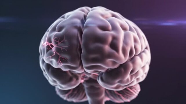 Realistic cinematic brain visualization gently hovering human brain photorealistic anatomical details soft reflections subsurface scattering dark blue purple background smooth ambient lighting clean s