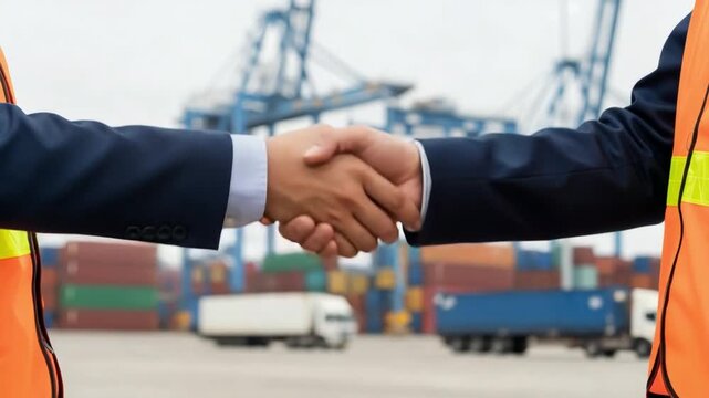 Logistics Managers Shaking Hands for Intermodal Freight Partnership at Container Port Terminal