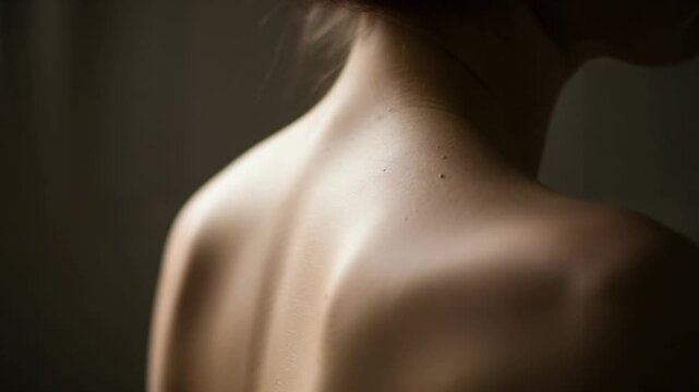 Close up of a young woman's back and neck showing small moles and skin tags for dermatology health check