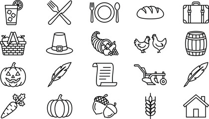 Thanksgiving holiday and autumn harvest line icons set with pumpkin cornucopia food vector illustration © Sabbir Studio