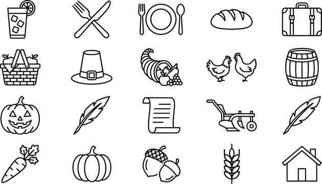 Thanksgiving holiday and autumn harvest line icons set with pumpkin cornucopia food vector illustration