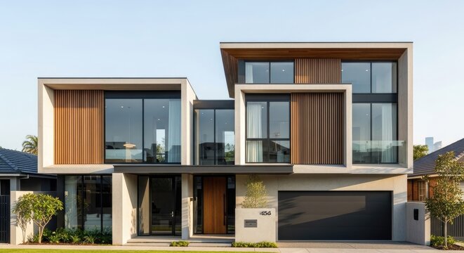 A modern, two-story house features a striking architectural design with a combination of materials and large windows.