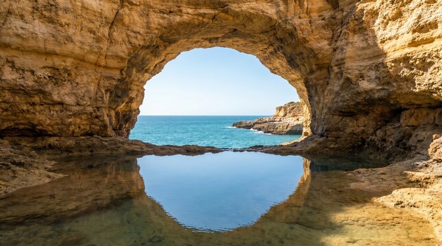 Natural limestone archway framing a turquoise ocean view with a calm rock pool reflecting the clear blue sky and rugged coastal cliffs on a sunny day