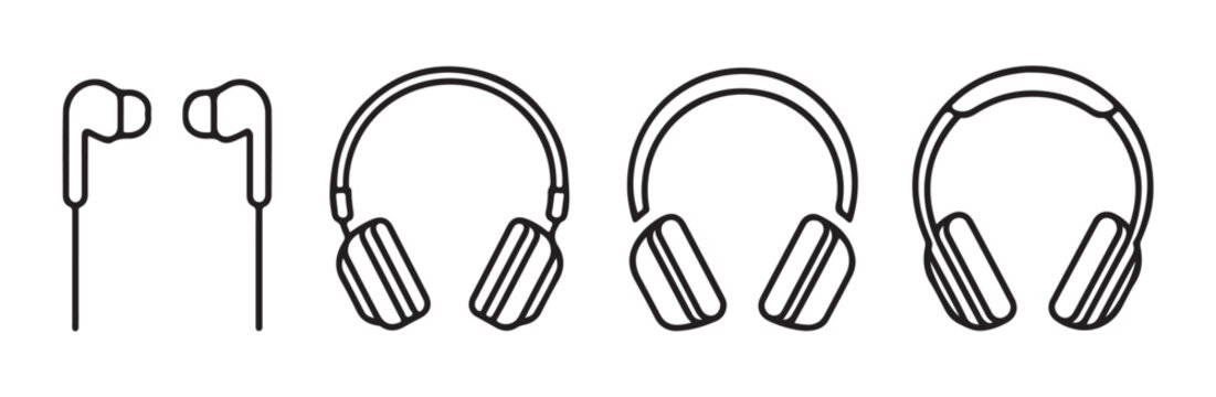 Wired in ear headphones and overhead headset icons in outline style for music listening and audio playback.