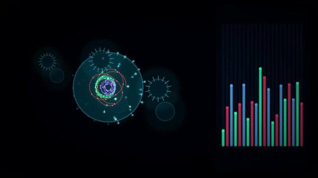 Futuristic holographic display showing complex data analysis and trending graphs on a dark background.