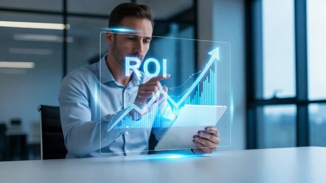 Professional Caucasian Businessman Analyzing Predictive ROI Data on Digital Tablet in Modern Office