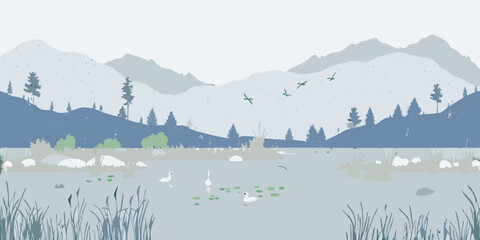 mountain landscape with water birds reeds and lake illustration © Tusar