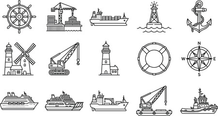 Marine port and shipping icon set maritime logistics vessel cargo crane navigation outline thin line vectors © Sabbir Studio