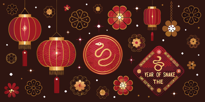year of the snake illustration with lanterns and floral ornaments