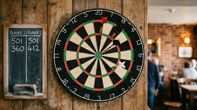 A dartboard hangs on a rustic wooden wall. A chalkboard displays scores for two players.