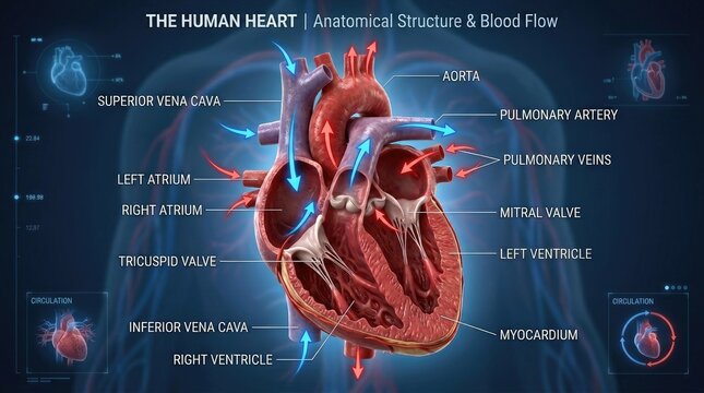The image illustrates a detailed anatomical representation of the human heart, highlighting its structure and blood flow.