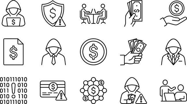 Financial cybercrime icon set hacker anonymous online fraud money theft cybersecurity outline line vectors