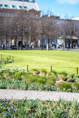 Fototapeta premium Young green well-groomed grass lawn with neat flowerbeds and spring flowers arranged in public garden, urban landscaping development and natural installations in city park, recreation place for people